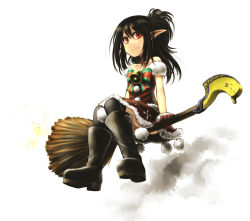Rule 34 | 00s, 1girl, bare shoulders, bell, black hair, black thighhighs, boots, broom, broom riding, dungeon and fighter, elf, heart, highres, knee boots, long hair, mage (dungeon and fighter), pointy ears, red eyes, santa costume, side ponytail, sitting, solo, thighhighs, yoshida hideyuki