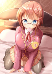 Rule 34 | 1girl, bad anatomy, black pantyhose, blue eyes, blush, bokutachi wa benkyou ga dekinai, bow, breasts, brown hair, condom, condom in mouth, condom wrapper, glasses, hair bow, hair ornament, highres, indoors, large breasts, long sleeves, looking at viewer, mouth hold, ogata rizu, on bed, pantyhose, pink bow, pleated skirt, school uniform, semi-rimless eyewear, short hair, sitting, skirt, smile, solo, tissue box, xenon (for achieve)