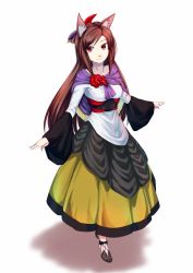 Rule 34 | 1girl, alternate costume, animal ears, brown hair, commentary request, dress, full body, hair ornament, highres, imaizumi kagerou, long hair, red eyes, shawl, shoes, simple background, solo, tenamaru, touhou, white background, wolf ears
