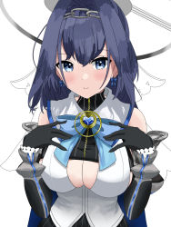 Rule 34 | 1girl, black gloves, blue eyes, blue hair, blush, breasts, chain, cleavage cutout, clock hands, closed mouth, clothing cutout, commentary, detached collar, detached sleeves, gloves, hair intakes, hairband, halo, highres, hololive, hololive english, large breasts, looking at viewer, medium hair, ouro kronii, ouro kronii (1st costume), ribbon earrings, saltedsalmon6, short hair, smile, solo, symbol-only commentary, upper body, veil, virtual youtuber, zipper
