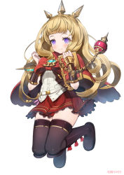 Rule 34 | black footwear, black legwear, blonde hair, blunt bangs, blush, book, boots, cagliostro (granblue fantasy), capelet, chain, dress shirt, full body, gauntlets, glint, gold, granblue fantasy, granblue fantasy versus, hairband, highres, holding, holding book, jumping, lace, lace-trimmed skirt, lace trim, looking at viewer, purple eyes, shirt, signature, simple background, skirt, smile, tansan daisuki, thighhighs, white background, zettai ryouiki