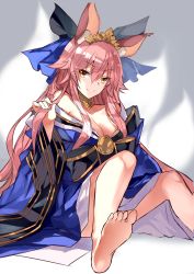 Rule 34 | &gt;:), 10s, 1girl, animal ears, bare shoulders, barefoot, black ribbon, blue kimono, blue ribbon, blush, breasts, cleavage, closed mouth, commentary request, detached sleeves, ears through headwear, fate/extra, fate (series), foreshortening, fox ears, fox tail, hair between eyes, hair ribbon, highres, japanese clothes, karlwolf, kimono, large breasts, long hair, long sleeves, looking at viewer, off shoulder, official alternate costume, pink hair, ribbon, sitting, smile, solo, tail, tamamo (fate), tamamo no mae (fate/extra), tamamo no mae (third ascension) (fate), v-shaped eyebrows, very long hair, wide sleeves, yellow eyes