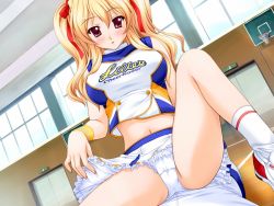 Rule 34 | 1girl, :o, blonde hair, blush, breasts, cheerfull!, cheerleader, clothes lift, crop top, crop top overhang, embarrassed, female focus, frilled panties, frills, furuno masashi, game cg, girl on top, gym, hair ribbon, large breasts, leg up, legs, lifting own clothes, long hair, midriff, mole, mole under eye, nanami ayane, navel, on floor, open mouth, panties, pink eyes, pov, red eyes, ribbon, school, shirakaba kozue, shirt, shoes, sitting, sitting on person, skirt, skirt lift, sleeveless, sneakers, socks, solo focus, spread legs, straddling, taut clothes, taut shirt, turtleneck, twintails, underwear, upskirt, white panties, window, wristband