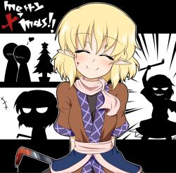 Rule 34 | +++, 1girl, 2others, black shirt, blonde hair, blood, blood on face, blush, breasts, brown shirt, christmas, christmas tree, closed mouth, commentary request, cowboy shot, crowbar, deathmegane, heart, holding, holding crowbar, implied murder, merry christmas, mizuhashi parsee, multiple others, pointy ears, sash, scarf, shirt, short hair, short sleeves, small breasts, smile, solo focus, star (symbol), touhou, undershirt, white sash, white scarf