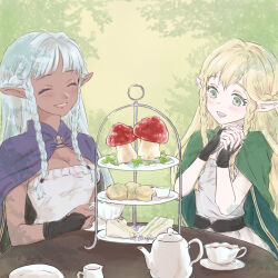 2girls blonde_hair blue_hair blush cloak closed_eyes commentary_request elf eltolinde_(unicorn_overlord) enodin food green_eyes highres long_hair multiple_girls mushroom open_mouth pointy_ears rosalinde_(unicorn_overlord) sandwich sitting smile table teapot unicorn_overlord