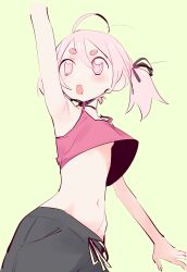 Rule 34 | 1girl, absurdres, ahoge, arm up, armpits, black pants, blush, breasts, crop top, cropped shirt, eds, green background, happy (eds), highres, hikimayu, navel, neck ribbon, open mouth, original, pants, pink eyes, pink hair, ribbon, ringed eyes, small breasts, solo, sweatpants, twintails, underboob