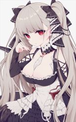 Rule 34 | 1girl, aka kan, azur lane, bare shoulders, between breasts, black bow, black dress, black nails, blunt bangs, bow, breasts, cleavage, collarbone, corset, detached collar, dress, formidable (azur lane), frilled dress, frills, grey background, hair bow, hand up, highres, large breasts, layered dress, long hair, long sleeves, looking at viewer, nail polish, red eyes, silver hair, simple background, solo, twintails, upper body, very long hair