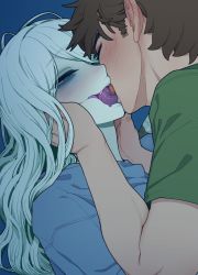 Rule 34 | 1boy, 1girl, aqua eyes, aqua skin, blush, closed eyes, colored tongue, commentary, ear blush, edan (sparrowl), fangs, french kiss, half-closed eyes, hands on another&#039;s face, hetero, highres, ivy (sparrowl), kiss, lamia, long hair, long tongue, monster girl, nose blush, original, purple tongue, saliva, sparrowl, symbol-only commentary, tongue, white hair