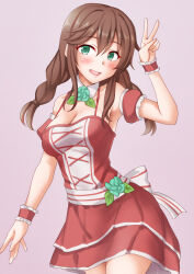 Rule 34 | 1girl, alternate costume, anti (untea9), braid, breasts, brown hair, cleavage, commentary request, cowboy shot, detached collar, dress, green eyes, highres, kantai collection, medium breasts, noshiro (kancolle), pink background, red dress, simple background, solo, swept bangs, twin braids, v, wrist cuffs