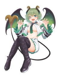 Rule 34 | 1girl, nanashi inc., bare shoulders, belt boots, blue eyes, blush, boots, breasts, brown footwear, claw pose, demon girl, demon horns, demon tail, detached sleeves, eyepatch, fang, full body, green hair, green necktie, high heel boots, high heels, highres, honey strap, horns, jacket, large breasts, long sleeves, looking at viewer, miniskirt, navel, necktie, no bra, open mouth, sasaki (glass1138), sekishiro mico, short hair, skin fang, skirt, solo, tail, underboob, virtual youtuber, white jacket, white skirt