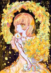 Rule 34 | 1girl, blonde hair, closed mouth, commentary request, cowboy shot, dress, envelope, floral background, flower, flower wreath, green eyes, hand up, highres, holding, holding envelope, jewelry, kiato, letter, looking to the side, love letter, mimosa (flower), necklace, original, petals, profile, signature, smile, solo, standing, yellow dress, yellow flower