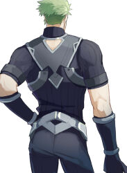 Rule 34 | 1boy, achilles (fate), armor, back cutout, black pants, black shirt, clothing cutout, cowboy shot, facing away, fate/apocrypha, fate (series), green hair, hand on own hip, haruakira, highres, male focus, pants, ribbed shirt, shirt, short sleeves, simple background, solo, white background
