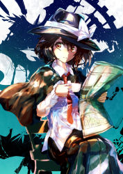 Rule 34 | 1girl, black skirt, bow, brown eyes, brown hair, capelet, collared shirt, cup, fedora, hair between eyes, hat, hat bow, highres, holding, holding cup, long sleeves, looking at viewer, necktie, newspaper, parted lips, puffy long sleeves, puffy sleeves, red necktie, sakushou, shirt, skirt, smile, solo, touhou, usami renko, white bow, white shirt