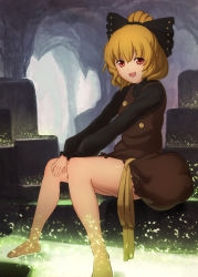 Rule 34 | 1girl, bare legs, barefoot, black bow, blonde hair, bow, brown dress, cave, dress, hair bow, highres, kurodani yamame, long sleeves, looking at viewer, mikami yuuki (nl8you), open mouth, ponytail, red eyes, sitting, smile, solo, touhou