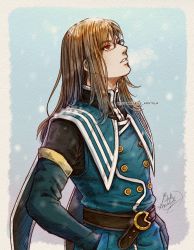 Rule 34 | 1boy, absurdres, artist name, belt, belt buckle, blue jacket, brown hair, buckle, buttons, detached sleeves, from side, glass, hand in own hair, high collar, highres, jacket, jade curtiss, long hair, looking up, male focus, michelle kristolia, military, military uniform, parted lips, red eyes, signature, solo, tales of (series), tales of the abyss, uniform, upper body