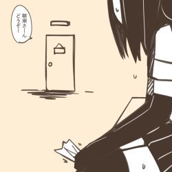 Rule 34 | 10s, 1girl, asashio (kancolle), comic, door, flat color, from side, kantai collection, monochrome, nns (sobchan), personification, simple background, sitting, solo, thighhighs, yellow background
