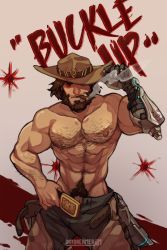 Rule 34 | 1boy, abs, bara, beard, bulge, cassidy (overwatch), chest hair, cigar, cowboy hat, dark-skinned male, dark skin, denim, facial hair, feet out of frame, hairy, hat, jeans, jimsdaydreams, looking at viewer, male focus, male pubic hair, mature male, muscular, muscular male, navel, navel hair, nipples, open pants, overwatch, overwatch 1, pants, pectorals, penis, penis peek, prosthesis, prosthetic arm, pubic hair, short hair, smoking, solo, stomach, topless male