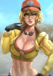 Rule 34 | 10s, 1girl, absurdres, baseball cap, bikini, bikini top only, black gloves, blonde hair, bra, breasts, cidney aurum, cleavage, cropped jacket, curly hair, dirty, dirty face, final fantasy, final fantasy xv, gloves, goggles, goggles around neck, green eyes, hand on own hip, hat, highres, jacket, large breasts, light smile, lips, lipstick, looking at viewer, makeup, midriff, navel, ragecndy, red bikini, red bra, short hair, smile, solo, swimsuit, toned, underwear, yellow jacket