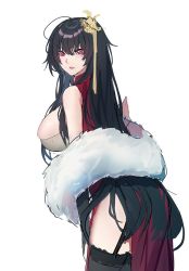 Rule 34 | 1girl, azur lane, black hair, black thighhighs, bow, breasts, china dress, chinese clothes, dress, echj, hair bow, hair ribbon, large breasts, long hair, looking at viewer, official alternate costume, red dress, red eyes, ribbon, sitting on chest, solo, taihou (azur lane), taihou (phoenix&#039;s spring song) (azur lane), thighhighs, tight clothes, very long hair, white background
