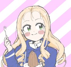 Rule 34 | 1girl, bc freedom military uniform, blonde hair, blue jacket, blue vest, blush, cake, chewing, drill hair, eating, food, fork, girls und panzer, green eyes, hand up, high collar, highres, jacket, long hair, long sleeves, looking to the side, marie (girls und panzer), mikimiki taro, striped, striped background, vest