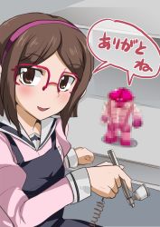 Rule 34 | 10s, 1girl, acguy, airbrush, apron, blush, brown eyes, brown hair, dress, female focus, glasses, gundam, gundam build fighters, hair ornament, hairband, highres, kousaka china, looking at viewer, school uniform, short hair, silly (marinkomoe), smile, solo, text focus, translated
