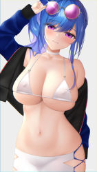 Rule 34 | 1girl, ahoge, alternate costume, argyle, argyle clothes, argyle cutout, arm up, azur lane, bad id, bad pixiv id, bare shoulders, bikini, bikini top only, blue hair, blue jacket, blush, breasts, choker, cleavage, closed mouth, clothing cutout, collarbone, commentary request, cowboy shot, eyewear on head, glint, grey background, hair between eyes, head tilt, highres, holding, holding removed eyewear, jacket, large breasts, long hair, long sleeves, looking at viewer, mhru, midriff, navel, o-ring, o-ring bikini, off-shoulder jacket, off shoulder, open clothes, open jacket, purple-tinted eyewear, purple eyes, race queen, round eyewear, side ponytail, sidelocks, skirt, solo, st. louis (azur lane), standing, swimsuit, tinted eyewear, underboob, unworn eyewear, white bikini, white choker, white skirt, zipper