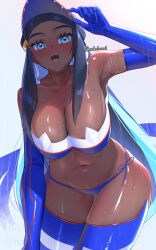 1girl bare_shoulders bikini black_hair blue_eyes blue_hair blush breasts cleavage creatures_(company) dark-skinned_female dark_skin elbow_gloves eyeliner game_freak gloves haska_(user_gure4787) large_breasts long_hair looking_at_viewer makeup multicolored_hair navel nessa_(pokemon) nintendo open_mouth pokemon pokemon_swsh sidelocks solo swimsuit thighhighs thighs two-tone_hair visor_cap