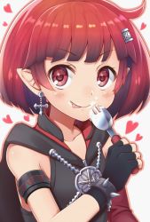 Rule 34 | 1girl, earrings, fingerless gloves, food, food on face, fork, gloves, gothic wa mahou otome, jewelry, pointy ears, red eyes, red hair, solo, tongue, tongue out, yatsuki yura