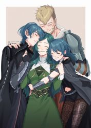 Rule 34 | 2boys, 2girls, aequorine, armor, beard, black gloves, black shorts, blue hair, brown hair, byleth (female) (fire emblem), byleth (fire emblem), byleth (male) (fire emblem), cape, closed eyes, closed mouth, clothing cutout, dress, facial hair, family, father and daughter, father and son, fire emblem, fire emblem: three houses, gloves, holding hands, hug, jeralt reus eisner, long hair, long sleeves, mother and daughter, mother and son, multiple boys, multiple girls, navel, navel cutout, nintendo, pantyhose, pauldrons, short hair, short shorts, shorts, shoulder armor, simple background, sitri (fire emblem), smile, twitter username