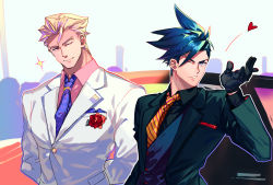 Rule 34 | 2boys, absurdres, asymmetrical hair, black gloves, black vest, blonde hair, blowing kiss, blue eyes, blue hair, buttons, collared jacket, collared shirt, flower, formal, galo thymos, gloves, green suit, hair strand, highres, jacket, kray foresight, male focus, multiple boys, muscular, muscular male, necktie, one eye closed, orange eyes, pectorals, pink shirt, promare, purple neckwear, red flower, shirt, short hair, sidecut, smile, spiked hair, suit, tabno (tanbotalo), undercut, upper body, vest, white suit, yellow neckwear