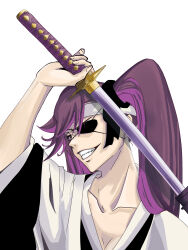 Rule 34 | 1girl, absurdres, black ribbon, bleach, bleach: sennen kessen-hen, breasts, cleavage, eyelashes, eyepatch, hair between eyes, haori, headband, highres, holding, holding sword, holding weapon, japanese clothes, katana, kubo tite (style), long hair, long sleeves, looking at viewer, official style, purple eyes, purple hair, ribbon, saitou furoufushi, sheath, shinigami, small breasts, smile, solo, spokota, sword, teeth, twintails, weapon, white background, white headband