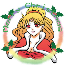 Rule 34 | 1990s (style), 1girl, blonde hair, breasts, cape, christmas, cleavage, female focus, final fantasy, final fantasy iv, long hair, lowres, mistletoe, red eyes, ritoraax, rosa farrell, solo, tiara, white background