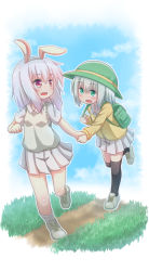 Rule 34 | 2girls, animal ears, arm up, backpack, bag, black legwear, cardigan, child, clenched hand, full body, green eyes, green hat, hat, highres, holding hands, leaning forward, leg up, looking back, miniskirt, multiple girls, open mouth, original, outdoors, pink eyes, pink hair, pleated skirt, rabbit ears, running, shirt, shoes, short hair, short sleeves, silver hair, skirt, smile, socks, standing, standing on one leg, sweater vest, thighhighs, white footwear, white shirt, white skirt, white sweater vest, yellow cardigan