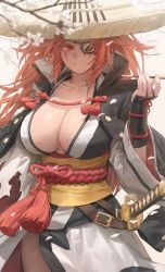 Rule 34 | 1girl, absurdres, amputee, baiken, black jacket, black kimono, breasts, cleavage, eyepatch, facial tattoo, free style (yohan1754), guilty gear, guilty gear xrd, highres, jacket, jacket on shoulders, japanese clothes, katana, kimono, large breasts, long hair, multicolored clothes, multicolored kimono, obi, one-eyed, open clothes, open kimono, pink eyes, pink hair, ponytail, red eyes, sash, scar, scar across eye, scar on face, solo, sword, tattoo, weapon, white kimono