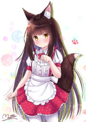 Rule 34 | alternate costume, animal ear fluff, animal ears, apron, azur lane, blunt bangs, blush, brown hair, center frills, commentary, enmaided, fox ears, fox girl, fox tail, frilled apron, frills, hime cut, long hair, looking at viewer, m ko (maxft2), maid, nagato (azur lane), nail polish, pantyhose, paw pose, pink nails, puffy short sleeves, puffy sleeves, red skirt, short sleeves, sidelocks, skirt, solo, tail, waist apron, white pantyhose, yellow eyes