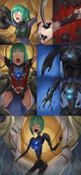 Rule 34 | 1girl, bodysuit, cable, constricted pupils, cyborg, glowing, green eyes, green hair, highres, ibenz009, mechanical parts, nanomachines, original, pain, ponytail, restrained, scared, short hair, transformation, veins