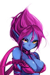 Rule 34 | 1girl, armlet, armor, arseyou, bad id, bad pixiv id, bare shoulders, bikini armor, blue skin, breasts, cape, choker, cleavage, colored skin, evelynn (league of legends), evelynn (old), facial mark, forehead mark, league of legends, pink hair, pointy ears, short hair, solo, white background, yellow eyes