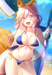 Rule 34 | 10s, 1girl, animal ears, beach, bikini, blue bikini, blush, bracelet, breasts, cleavage, collarbone, cowboy shot, day, fate/extra, fate/grand order, fate (series), fox ears, fox tail, hair between eyes, holding, holding umbrella, innertube, izumi akane, jewelry, large breasts, long hair, looking at viewer, md5 mismatch, navel, open mouth, outdoors, pink hair, resolution mismatch, side-tie bikini bottom, skindentation, smile, solo, source larger, sparkle, swim ring, swimsuit, tail, tamamo (fate), tamamo no mae (fate/extra), tamamo no mae (swimsuit lancer) (fate), twitter username, umbrella, wavy hair, yellow eyes