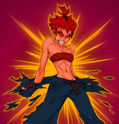 Rule 34 | 1990s (style), 1girl, abs, akuma (street fighter), akuma (street fighter) (cosplay), bad deviantart id, bad id, bare shoulders, blood, blood from mouth, bracelet, breasts, capcom, cleavage, clenched teeth, commentary, cosplay, dark persona, dougi, gender request, genderswap, gsears, jewelry, kasugano sakura, navel, no pupils, red eyes, red hair, retro artstyle, rope, sarashi, short hair, small breasts, solo, street fighter, street fighter zero (series), tan, tearing clothes, teeth, toned, topknot, torn clothes