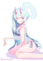 Rule 34 | alternate costume, bikini, blue archive, blue hair, breasts, chise (blue archive), chise (swimsuit) (blue archive), crab, flower, hair between eyes, hair flower, hair ornament, halo, highres, horns, long hair, looking at viewer, multicolored bikini, multicolored clothes, oni horns, ponytail, red eyes, red horns, simple background, sitting, small breasts, swimsuit, white background, yosesan