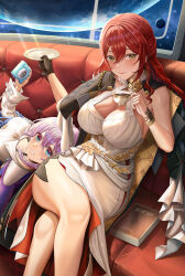 Rule 34 | 2girls, astral express (honkai: star rail), black gloves, black jacket, blue eyes, book, breasts, camera, choker, cleavage, closed mouth, couch, crossed legs, cup, dress, flower choker, flower ornament, gloves, golden rose, hair between eyes, highres, himeko (honkai: star rail), holding, holding camera, holding cup, holding plate, honkai: star rail, honkai (series), jacket, large breasts, long hair, long sleeves, looking at viewer, march 7th (honkai: star rail), medium hair, mole, mole on breast, multiple girls, on couch, pink hair, plate, red hair, shirt, silvertsuki, single glove, sitting, smile, thighs, tied jacket, train, white dress, white shirt, yellow eyes