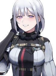 Rule 34 | 1girl, absurdres, black bodysuit, black gloves, blush, bodysuit, breasts, elbow gloves, girls&#039; frontline, gloves, grin, hair ornament, hairclip, hand in own hair, highres, looking at viewer, medium breasts, medium hair, open mouth, purple eyes, rpk-16 (girls&#039; frontline), saiun sigma, silver hair, smile, solo focus, white background