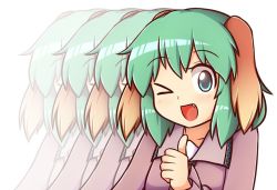 Rule 34 | &gt; o, 1girl, :d, ;d, afterimage, animal ears, blue eyes, blush, commentary, dog ears, english commentary, fang, green hair, kasodani kyouko, long sleeves, looking at viewer, motion lines, one eye closed, open mouth, short hair, simple background, smile, solo, sparkle, sparkling eyes, thumbs up, touhou, upper body, white background, wool (miwol)