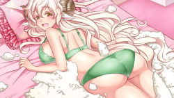 Rule 34 | 1girl, animal ears, artist request, ass, bed, blush, bra, breasts, curled horns, game cg, green bra, green panties, horizontal pupils, horns, kehp (monster musume), large breasts, long hair, looking at viewer, lying, monster musume no iru nichijou, monster musume no iru nichijou online, official art, on bed, on stomach, open mouth, panties, sheep ears, sheep girl, solo, sweatdrop, underwear, very long hair, white hair, yellow eyes