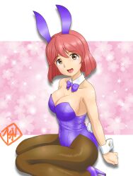 Rule 34 | 1girl, absurdres, animal ears, artist logo, bow, bowtie, breasts, brown eyes, brown pantyhose, cleavage, commentary request, detached collar, felniam, highres, kneeling, large breasts, leotard, looking at viewer, original, pantyhose, playboy bunny, purple bow, purple bowtie, purple leotard, rabbit ears, rabbit tail, red hair, short hair, solo, strapless, strapless leotard, tail, wrist cuffs