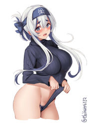 Rule 34 | 1girl, alternate costume, arm behind back, black leotard, blue eyes, blue headband, blue pubic hair, blush, breasts, colored pubic hair, covered navel, cowboy shot, cropped legs, ebifurya, female pubic hair, folded ponytail, groin, hair between eyes, hand on own chest, headband, highleg, highres, kamoi (kancolle), kantai collection, large breasts, leotard, leotard pull, long hair, long sleeves, looking at viewer, open mouth, pubic hair, ribbed leotard, sidelocks, simple background, solo, thick eyebrows, twitter username, white background, white hair