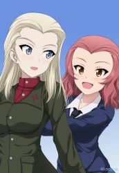 Rule 34 | 10s, 2girls, :d, black neckwear, blonde hair, blue background, blue eyes, blue sweater, brown eyes, clara (girls und panzer), commentary request, dress shirt, emblem, girls und panzer, gradient background, green jacket, inoshira, jacket, long hair, long sleeves, looking at another, looking back, multiple girls, necktie, open mouth, parted bangs, pushing, red hair, red shirt, rosehip (girls und panzer), school uniform, shirt, short hair, smile, st. gloriana&#039;s school uniform, standing, sweater, turtleneck, v-neck, white shirt