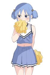 Rule 34 | bare shoulders, blue eyes, blue hair, blush, cheerleader, covering own mouth, highres, looking to the side, midriff, naganohara mio, navel, nichijou, ookiiayu, pleated skirt, pom pom (cheerleading), simple background, skirt, standing, twintails, white background