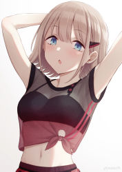 Rule 34 | 1girl, :o, arms up, black bra, blonde hair, blue eyes, blush, bra, bra visible through clothes, breasts, cleavage, crop top, hair ornament, hairclip, highres, idolmaster, idolmaster shiny colors, looking at viewer, medium breasts, midriff, navel, open mouth, panna444, see-through, serizawa asahi, shirt, short hair, short sleeves, simple background, solo, tied shirt, underwear, upper body, white background