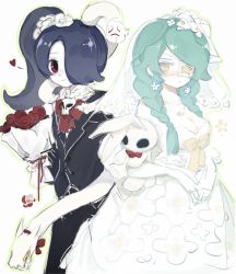 Rule 34 | 2girls, annie (skullgirls), black vs white, blue hair, blush, bouquet, braid, breasts, bridal veil, cleavage, dress, dubianqianqiu, earrings, elbow gloves, eyepatch, female focus, flower, flower on head, formal, gloves, green hair, hair over one eye, heart, highres, holding, holding bouquet, jewelry, large breasts, leviathan (skullgirls), long hair, multiple girls, ponytail, pout, red eyes, red flower, red rose, rose, sagan (skullgirls), side ponytail, skullgirls, smile, spoken heart, squigly (skullgirls), standing, suit, twin braids, veil, wedding dress, white dress, yellow eyes, yuri